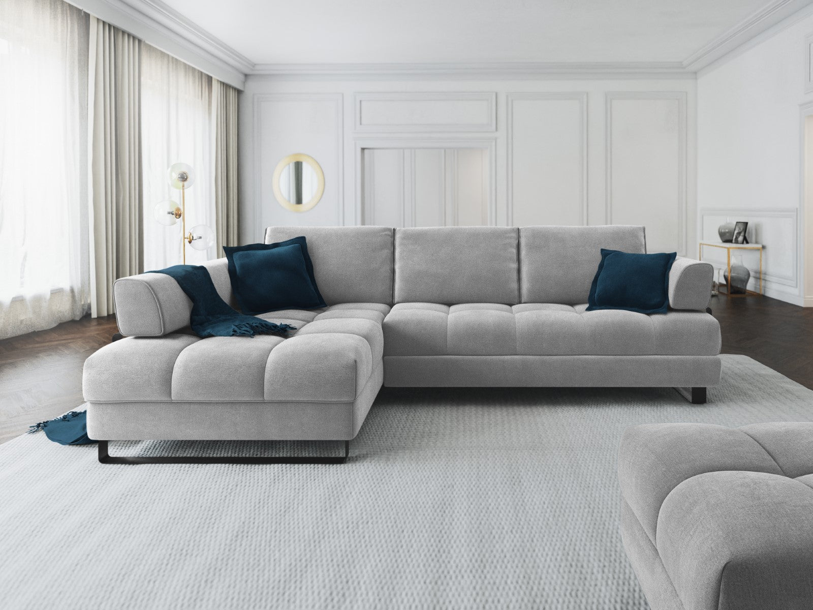Cosmopolitan Design - Divano convertibile angolare sinistro con contenitore "Clinton" 5 posti in velluto grigio chiaro 