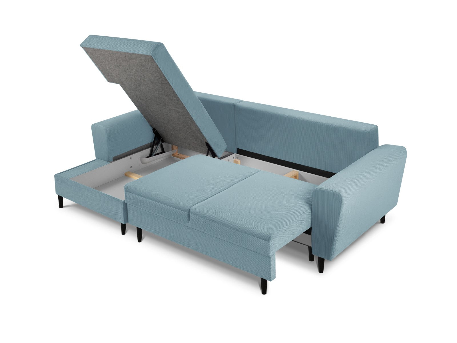 Cosmopolitan Design - Divano convertibile angolare sinistro con contenitore "Kyoto" 4 posti in velluto a coste azzurro 