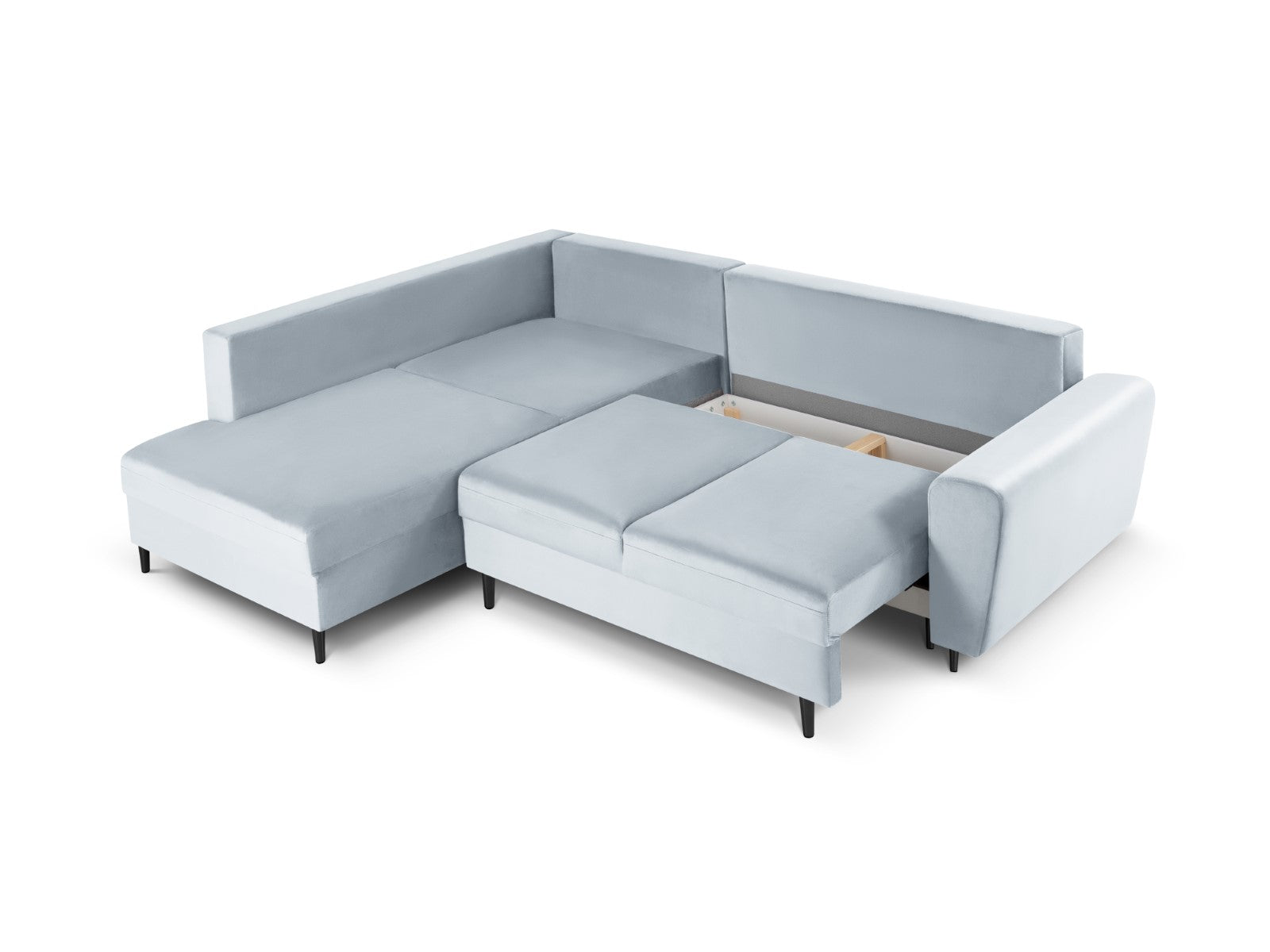 Cosmopolitan Design - Divano convertibile angolare sinistro con contenitore "Kyoto" 5 posti in velluto azzurro 