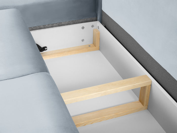 Cosmopolitan Design - Divano convertibile angolare sinistro con contenitore "Kyoto" 5 posti in velluto azzurro 