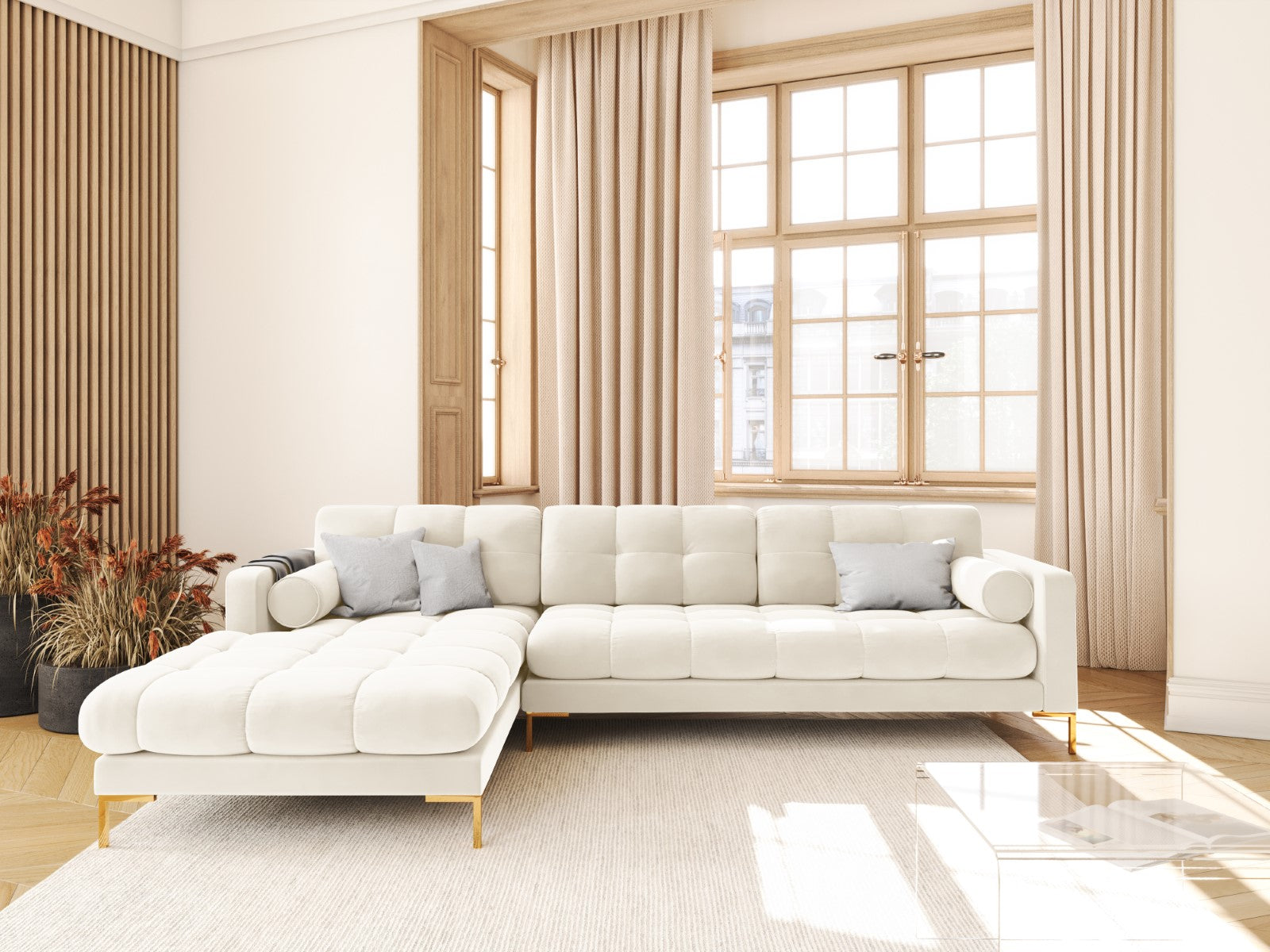 Cosmopolitan Design - Divano angolare sinistro "Bali" 5 posti in velluto beige chiaro 