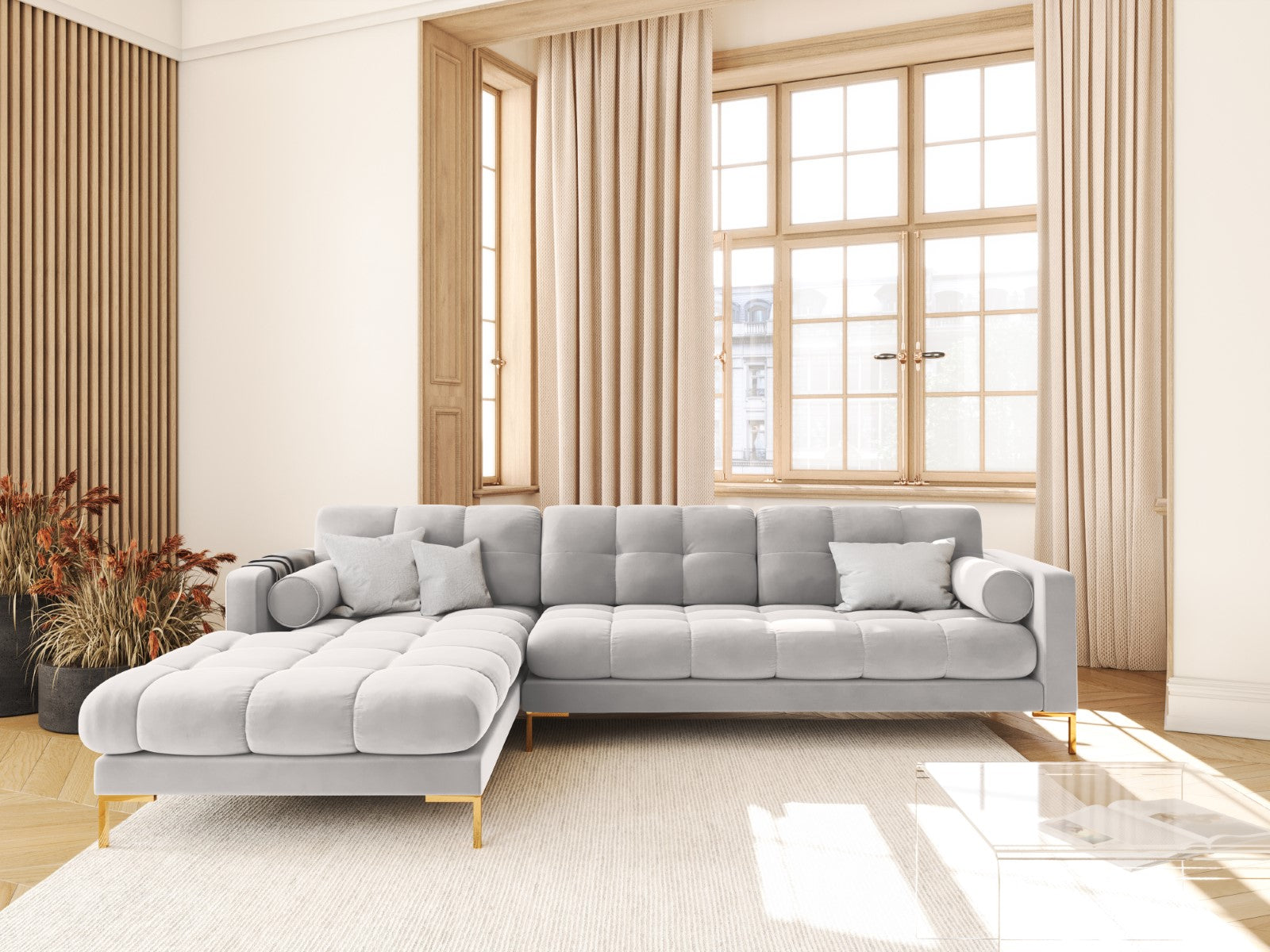 Cosmopolitan Design - Divano angolare sinistro "Bali" 5 posti in velluto argento 