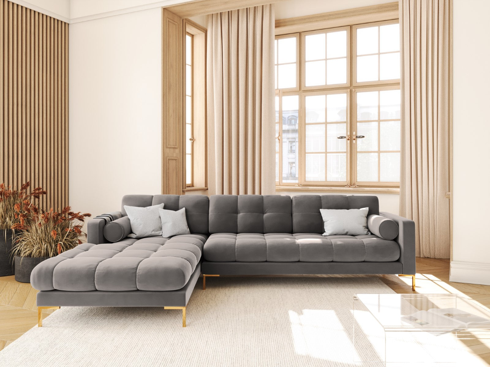 Cosmopolitan Design - Divano angolare sinistro "Bali" 5 posti in velluto grigio chiaro 