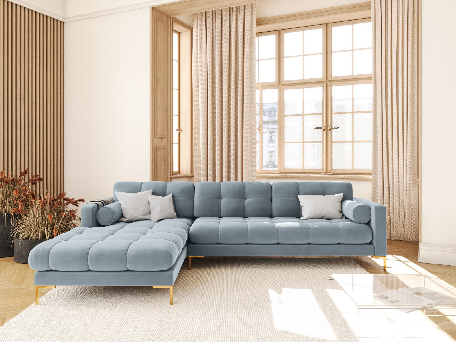 Cosmopolitan Design - Divano angolare sinistro "Bali" 5 posti in velluto azzurro 