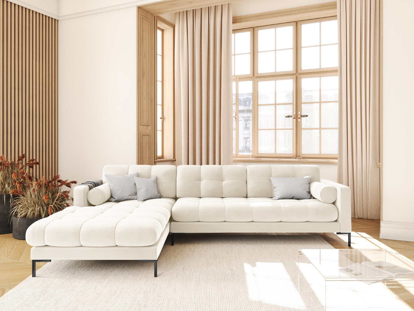 Cosmopolitan Design - Divano angolare sinistro "Bali" 5 posti in velluto beige chiaro 