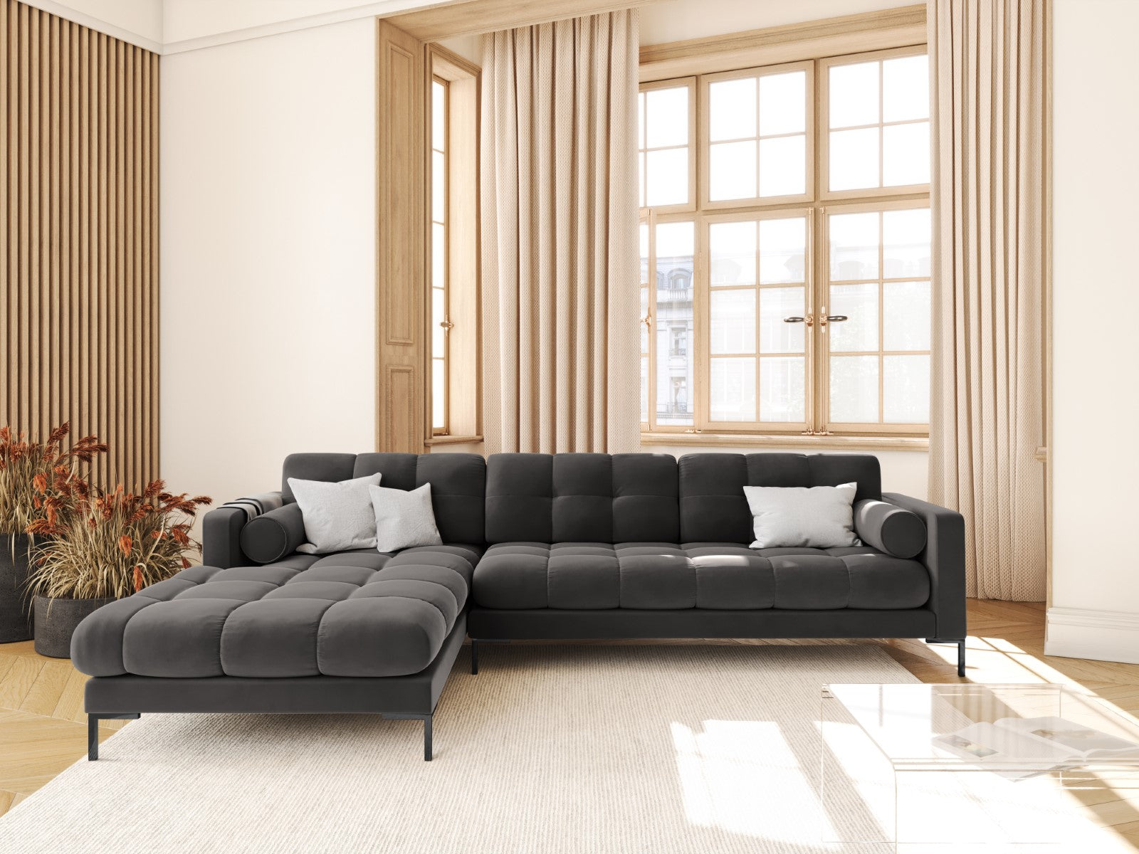 Cosmopolitan Design - Divano angolare sinistro "Bali" 5 posti in velluto grigio scuro 