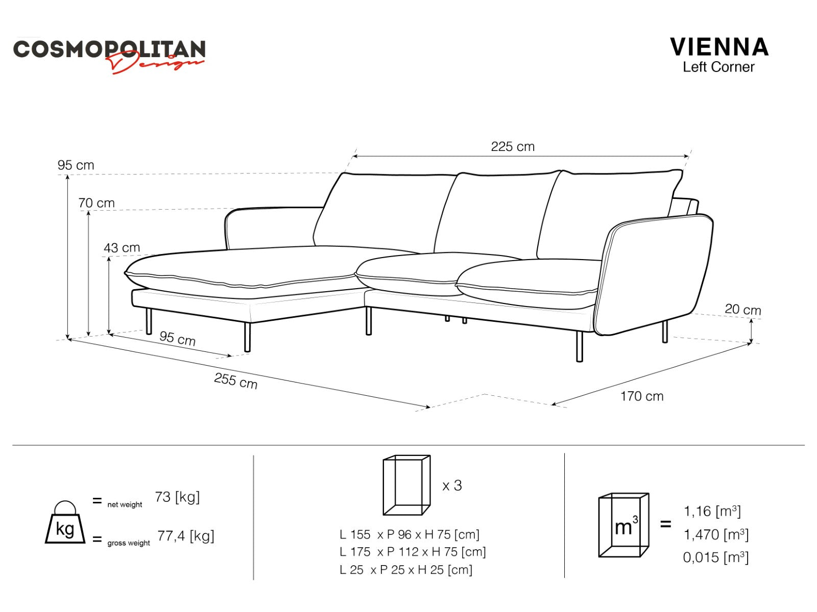 Cosmopolitan Design - Divano angolare sinistro "Vienna" 5 posti in velluto blu reale 