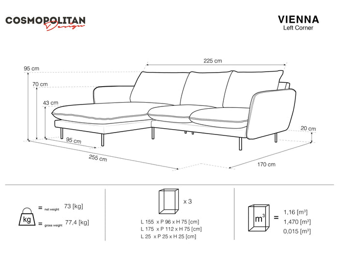 Cosmopolitan Design - Divano angolare sinistro "Vienna" 5 posti in velluto grigio chiaro 