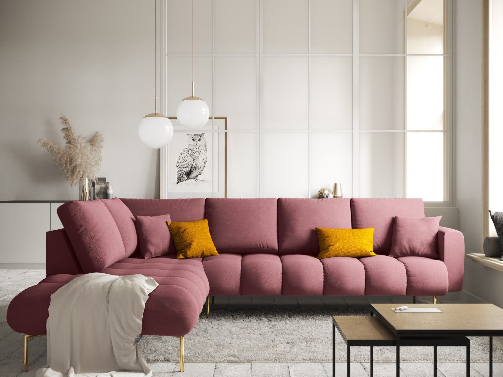 Cosmopolitan Design - Divano angolare sinistro "Hastings" 5 posti in velluto rosa 