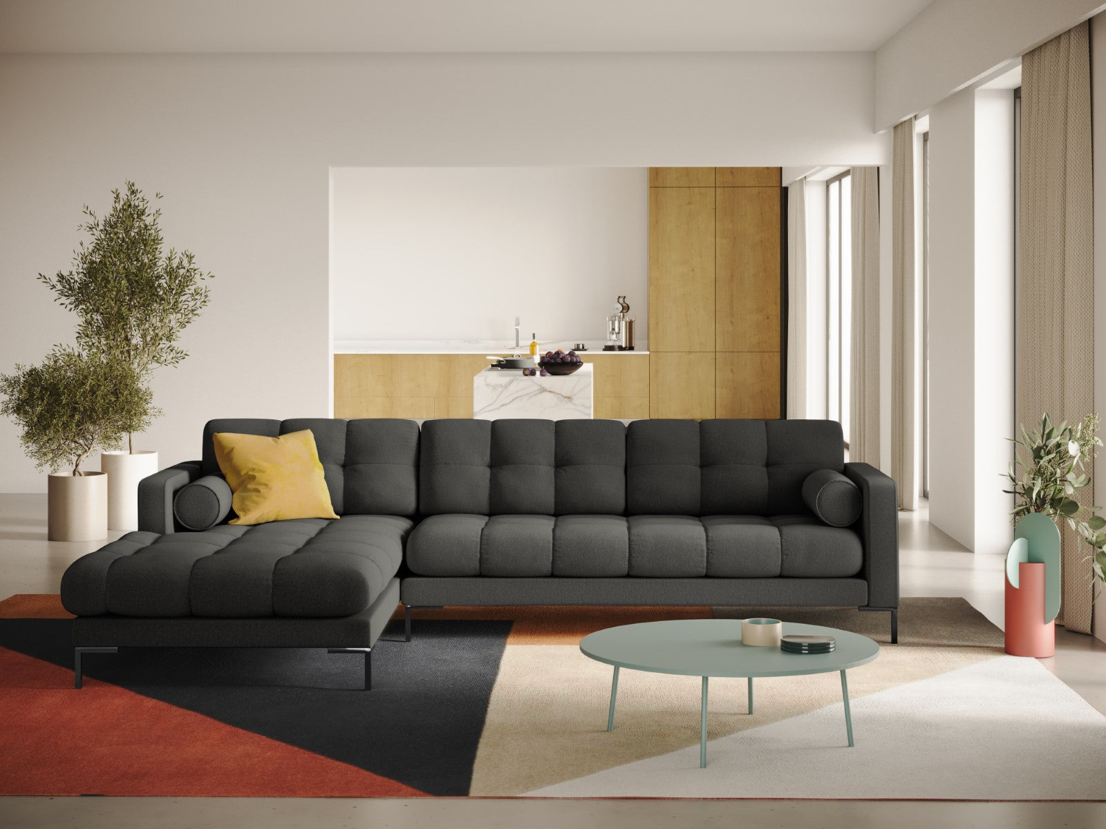 Cosmopolitan Design - Divano angolare sinistro "Bali" 5 posti in tessuto strutturato grigio scuro 