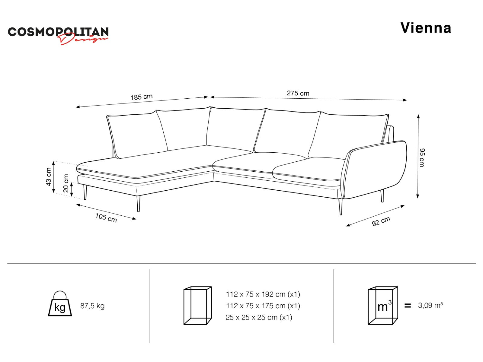 Cosmopolitan Design - Divano angolare sinistro "Vienna" 6 posti in tessuto strutturato beige 