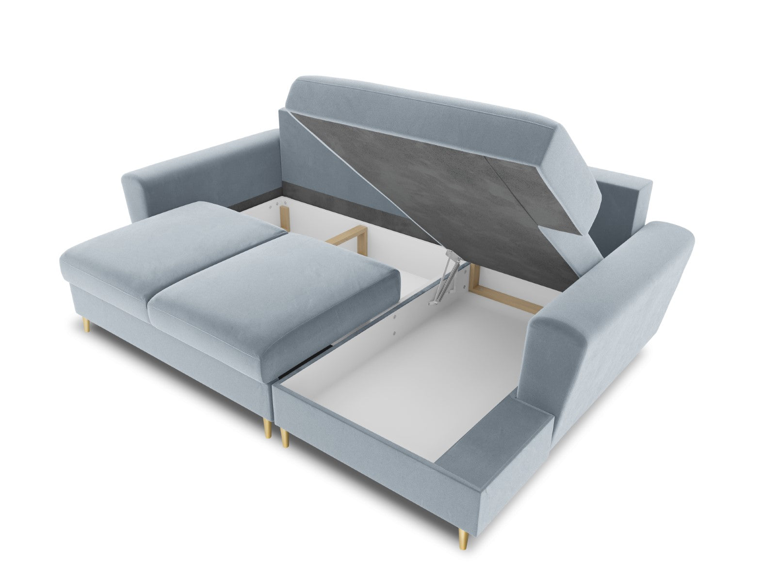 Cosmopolitan Design - Divano convertibile angolare destro con contenitore "Kyoto" 4 posti in velluto azzurro 