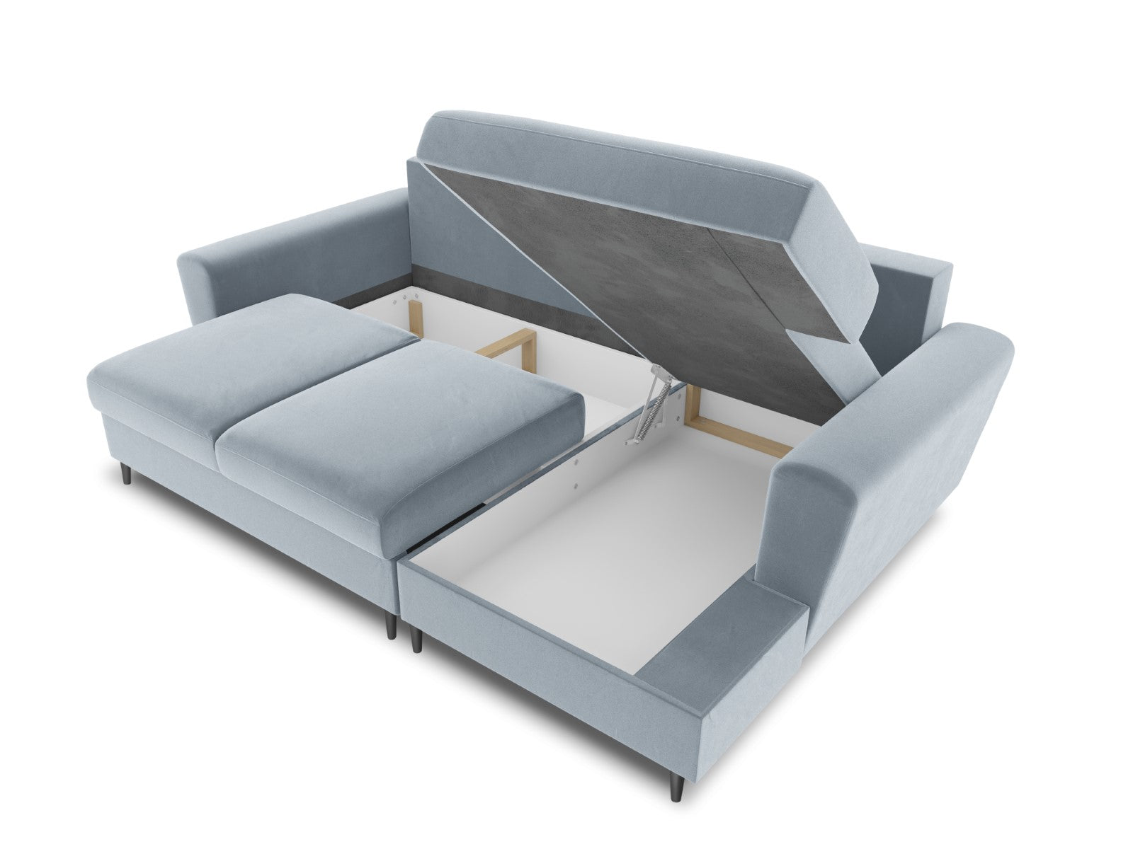 Cosmopolitan Design - Divano convertibile angolare destro con contenitore "Kyoto" 4 posti in velluto azzurro 