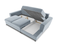 Cosmopolitan Design - Divano convertibile angolare destro con contenitore "Kyoto" 4 posti in velluto azzurro 