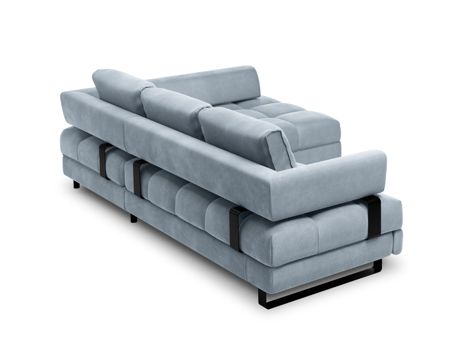 Cosmopolitan Design - Divano convertibile angolare destro con contenitore "Clinton" 5 posti in velluto azzurro 