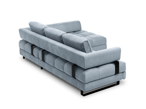 Cosmopolitan Design - Divano convertibile angolare destro con contenitore "Clinton" 5 posti in velluto azzurro 