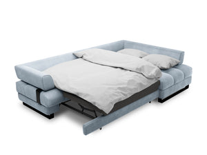 Cosmopolitan Design - Divano convertibile angolare destro con contenitore "Clinton" 5 posti in velluto azzurro 