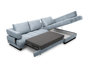Cosmopolitan Design - Divano convertibile angolare destro con contenitore "Clinton" 5 posti in velluto azzurro 