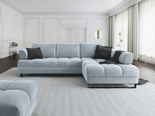 Cosmopolitan Design - Divano convertibile angolare destro con contenitore "Clinton" 5 posti in velluto azzurro 