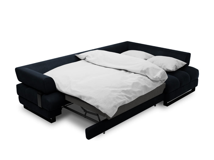 Cosmopolitan Design - Divano convertibile angolare destro con contenitore "Clinton" 5 posti in velluto blu scuro 