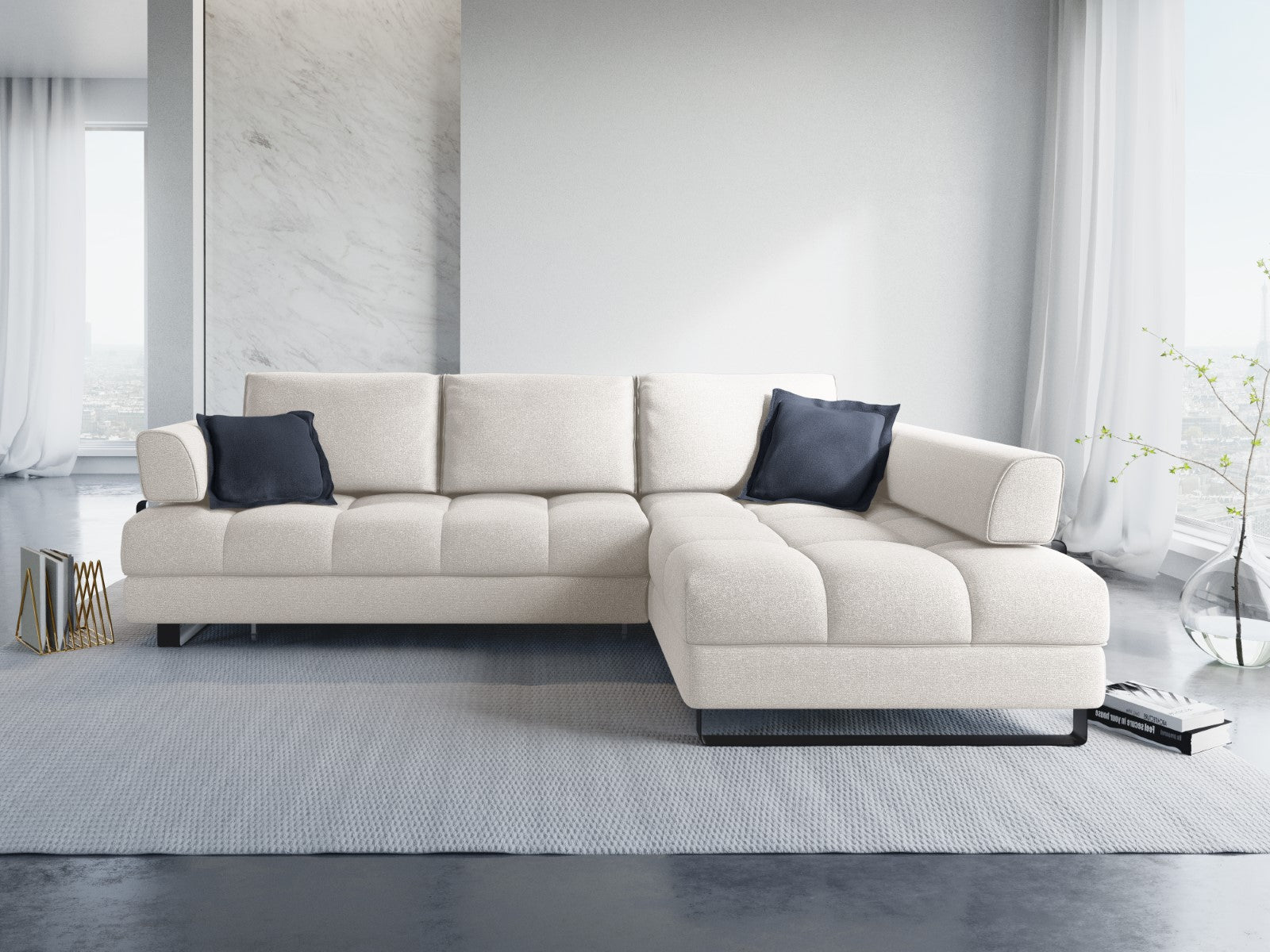 Cosmopolitan Design - Divano convertibile angolare destro con box "Clinton" 5 posti tessuto strutturato grigio chiaro 