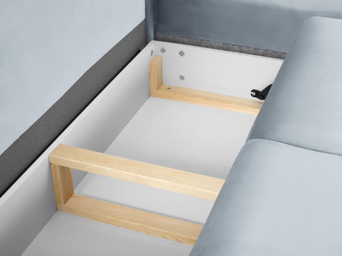 Cosmopolitan Design - Divano convertibile angolare destro con contenitore "Kyoto" 5 posti in velluto azzurro 