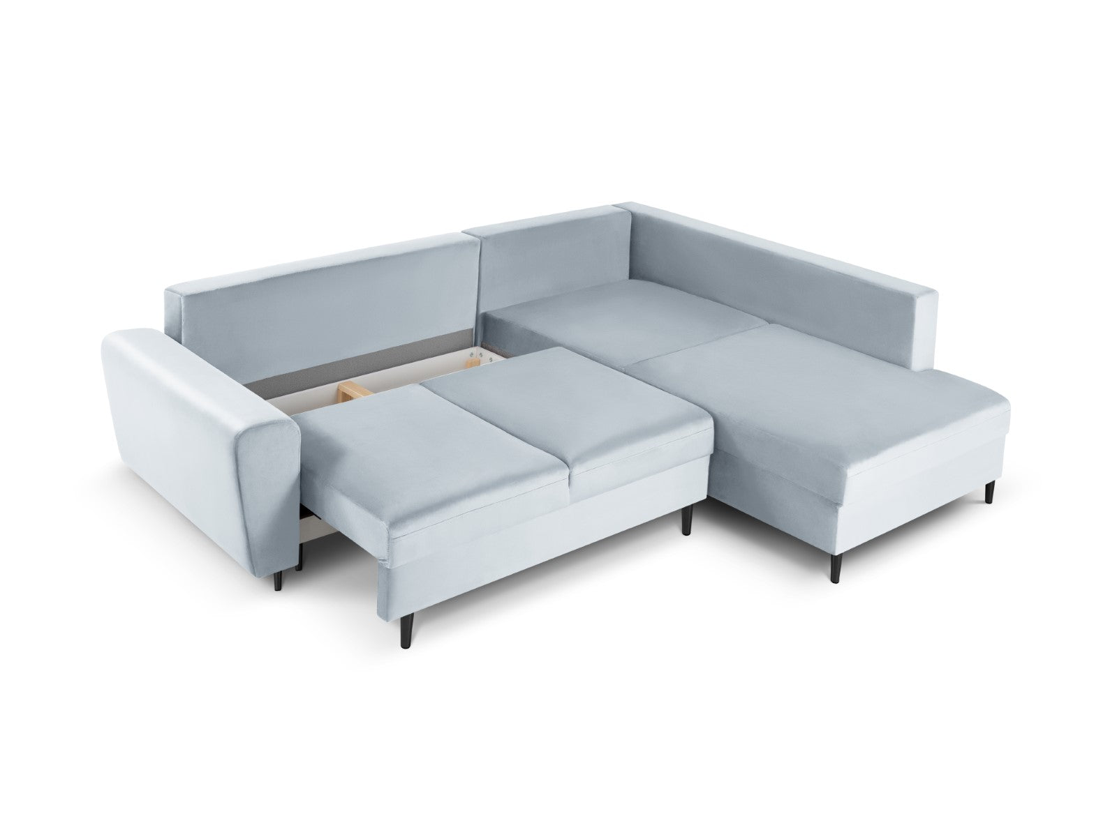 Cosmopolitan Design - Divano convertibile angolare destro con contenitore "Kyoto" 5 posti in velluto azzurro 