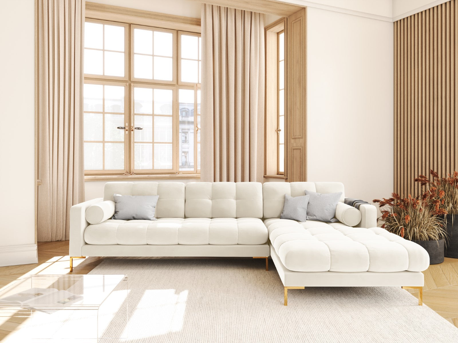 Cosmopolitan Design - Divano angolare destro "Bali" 5 posti in velluto beige chiaro 