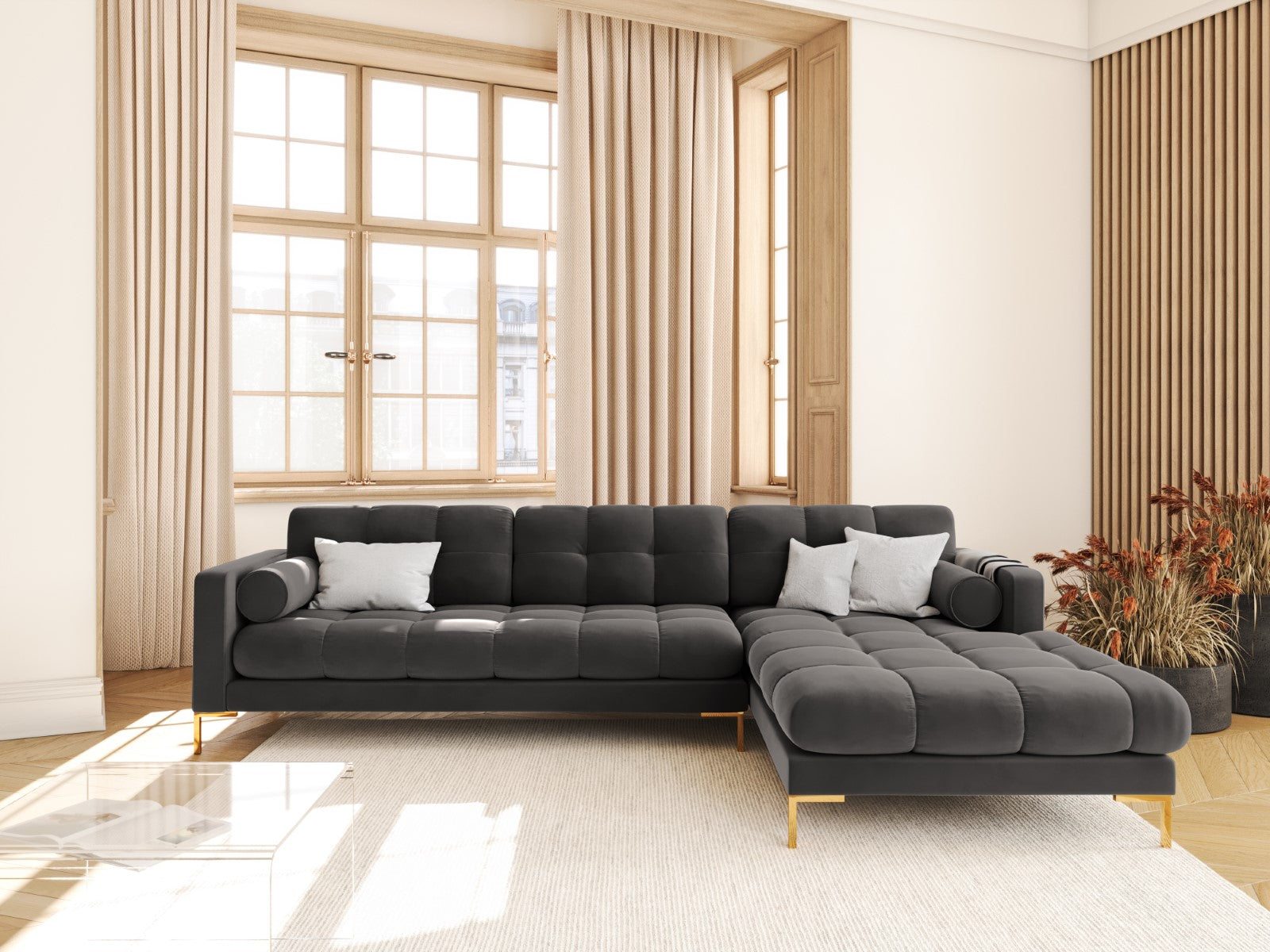 Cosmopolitan Design - Divano angolare destro "Bali" 5 posti in velluto grigio scuro 