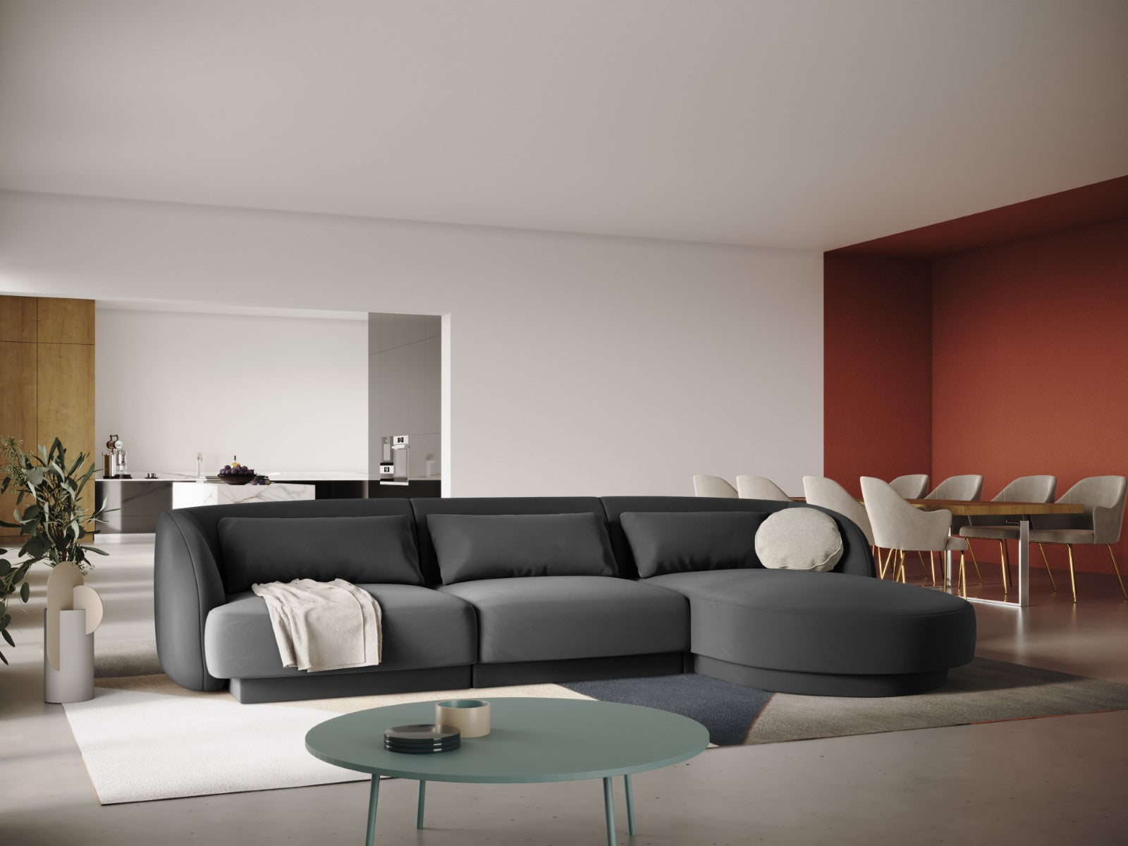 Cosmopolitan Design - Divano angolare destro "Tulum" 4 posti in velluto grigio 