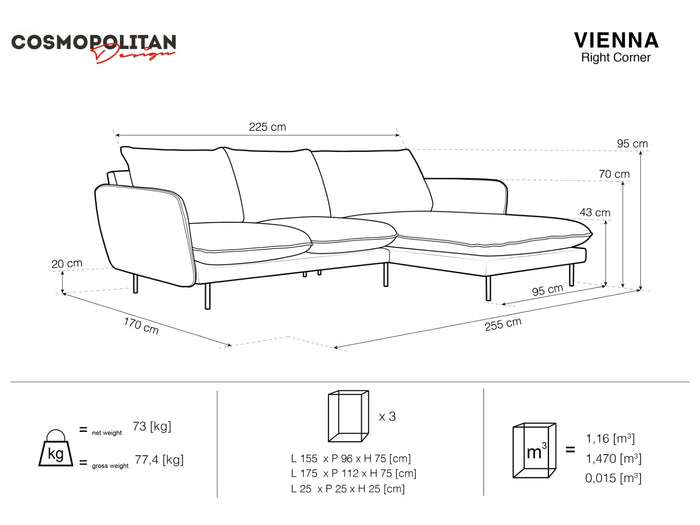 Cosmopolitan Design - Divano angolare destro "Vienna" 5 posti in velluto grigio chiaro 