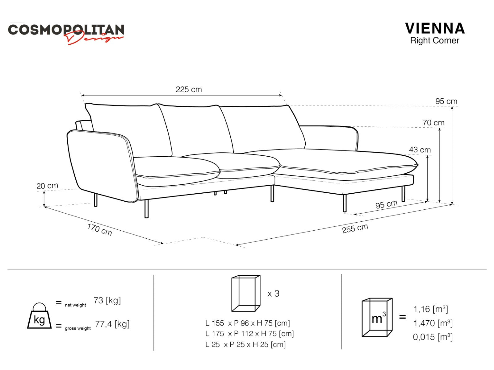 Cosmopolitan Design - Divano angolare destro "Vienna" 5 posti in tessuto strutturato grigio chiaro 