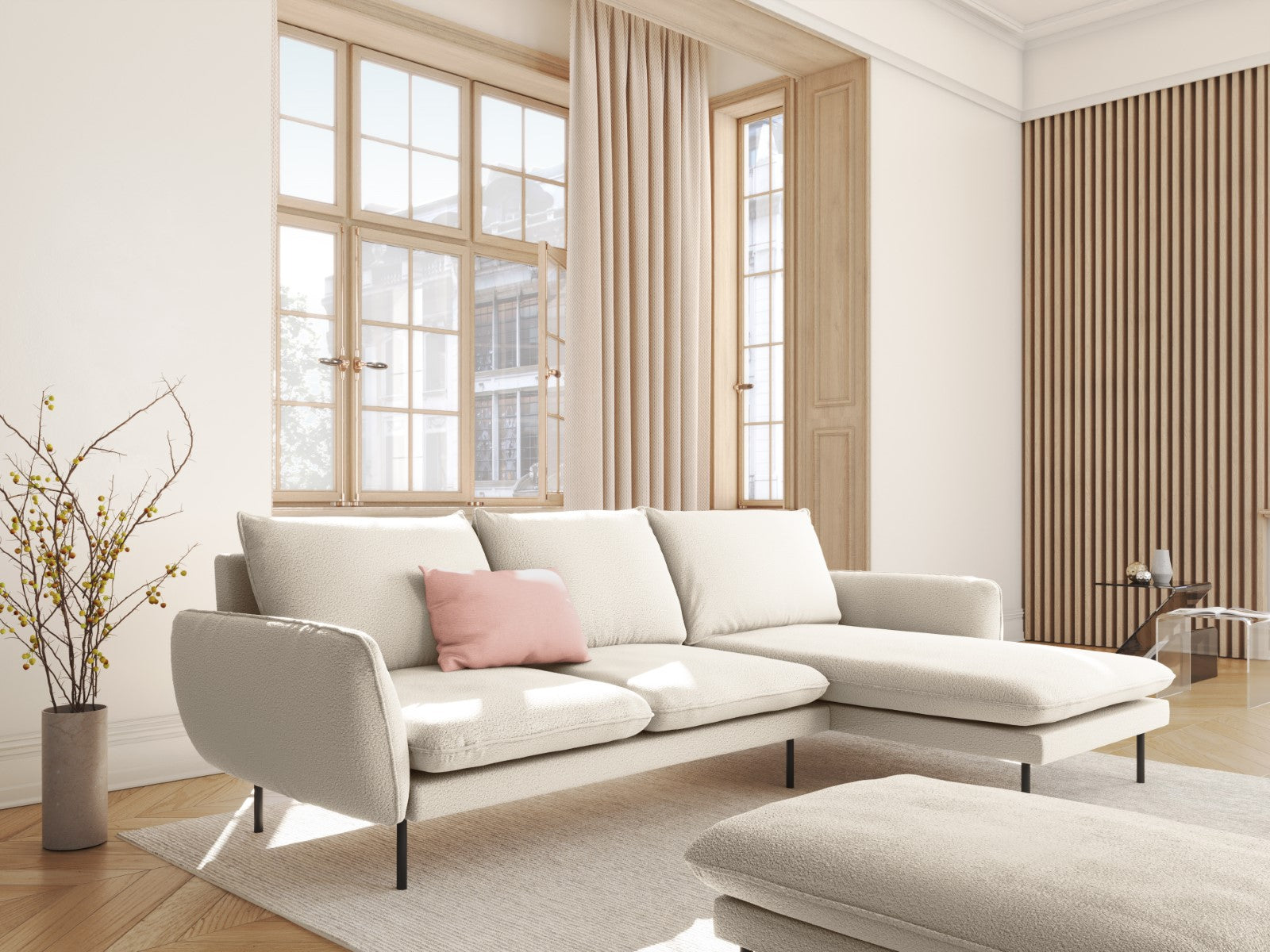 Cosmopolitan Design - Divano angolare destro "Vienna" 5 posti in bouclé beige 