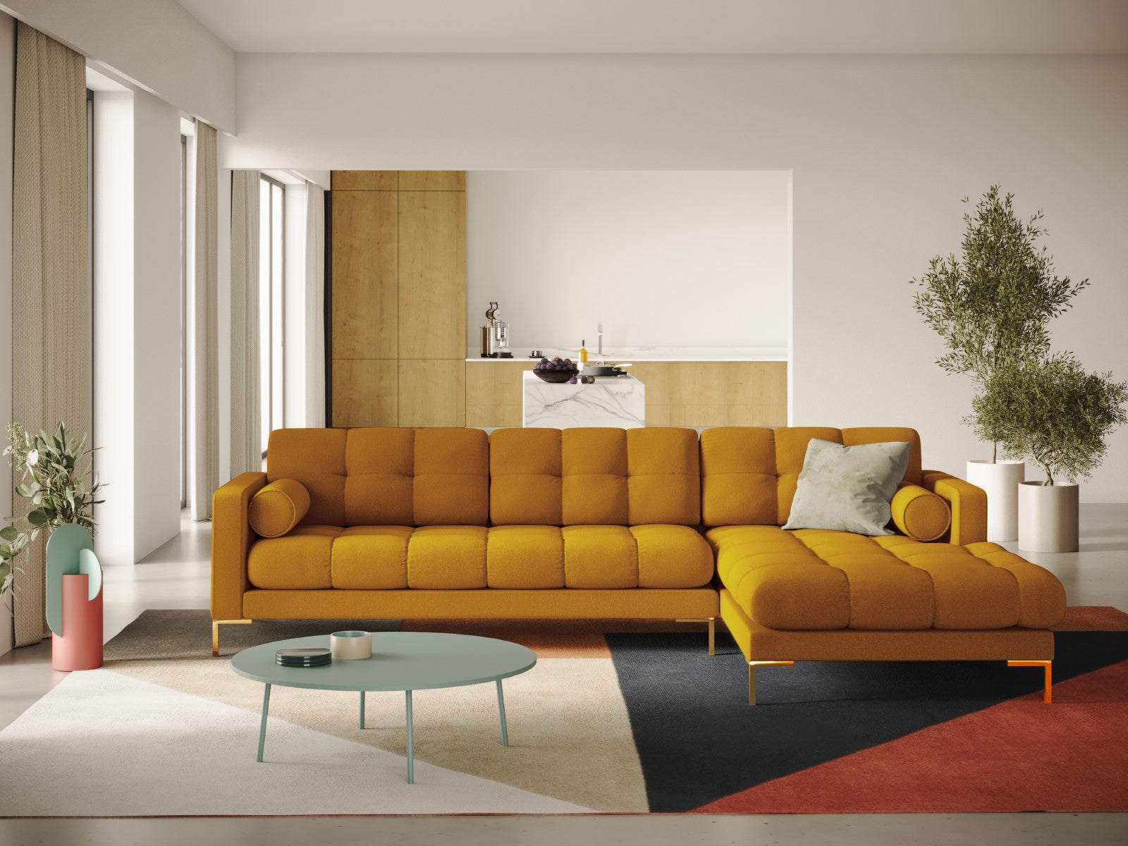 Cosmopolitan Design - Divano angolare destro "Bali" 5 posti in tessuto strutturato giallo 