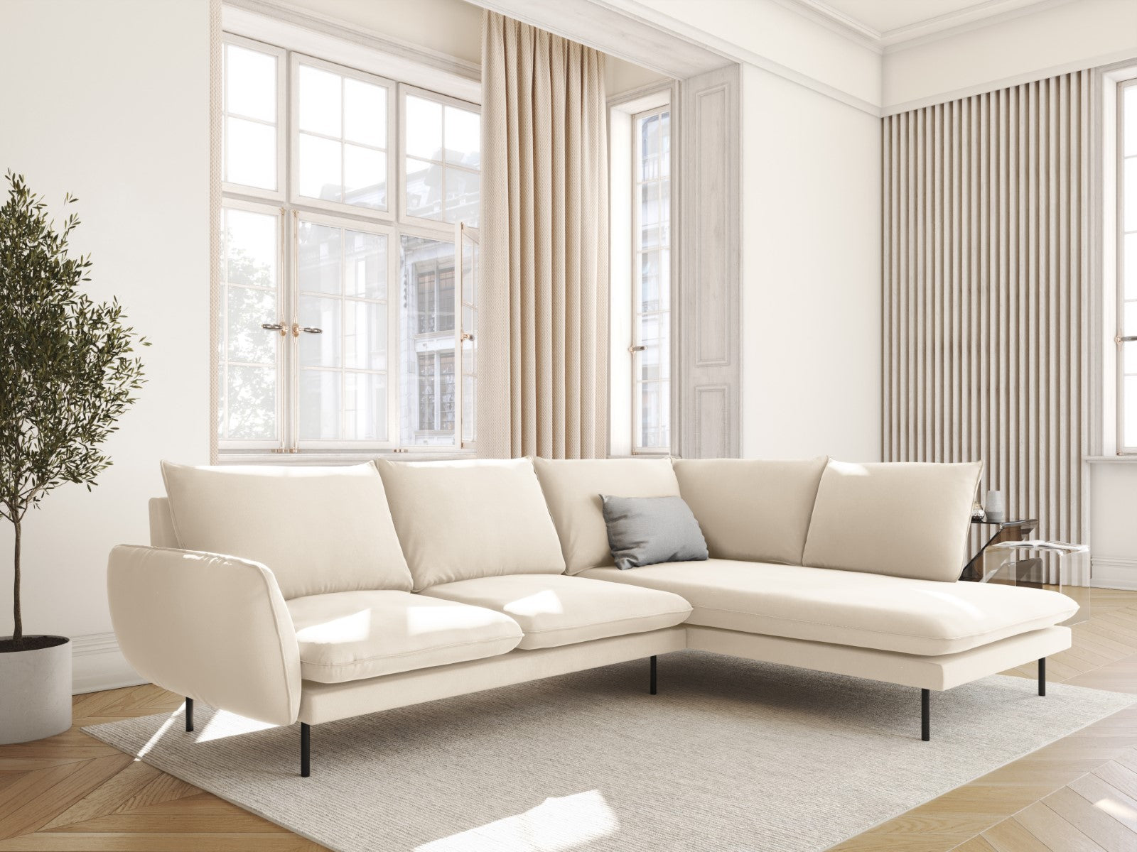 Cosmopolitan Design - Divano angolare destro "Vienna" 6 posti in velluto beige chiaro 