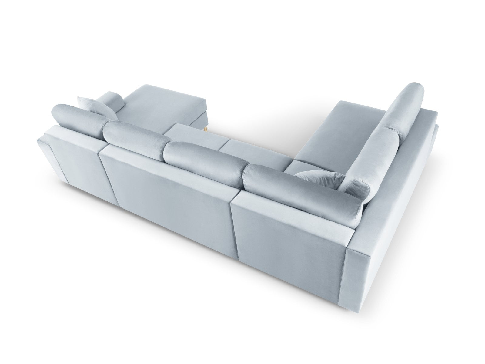 Cosmopolitan Design - Divano panoramico convertibile sinistro con contenitore "Kyoto" 7 posti in velluto azzurro 
