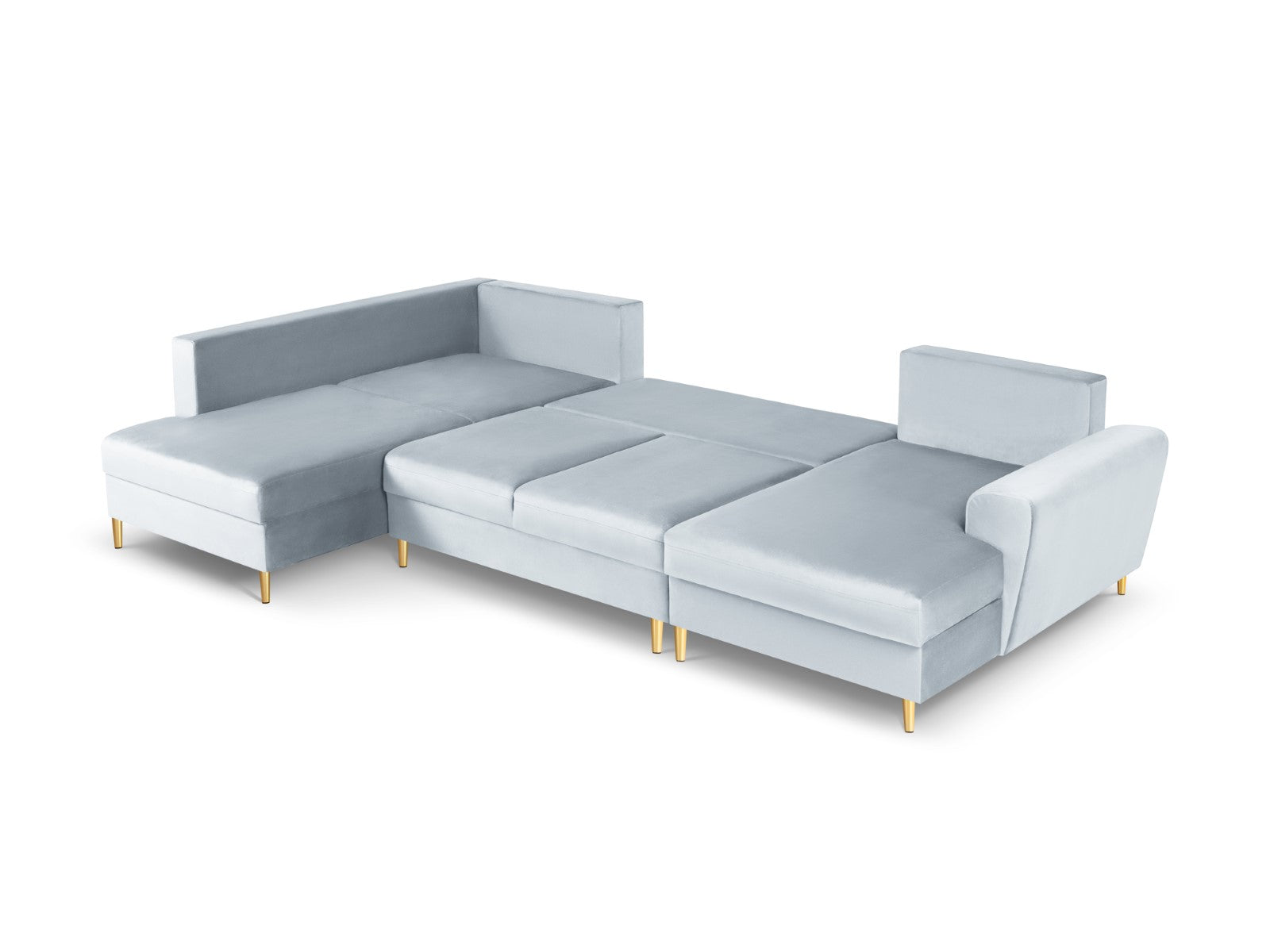 Cosmopolitan Design - Divano panoramico convertibile sinistro con contenitore "Kyoto" 7 posti in velluto azzurro 