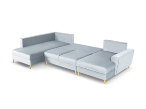 Cosmopolitan Design - Divano panoramico convertibile sinistro con contenitore "Kyoto" 7 posti in velluto azzurro 