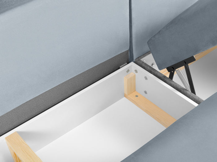 Cosmopolitan Design - Divano panoramico convertibile sinistro con contenitore "Kyoto" 7 posti in velluto azzurro 