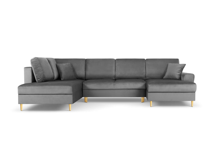 Cosmopolitan Design - Divano panoramico convertibile sinistro con contenitore "Kyoto" 7 posti in velluto grigio chiaro 