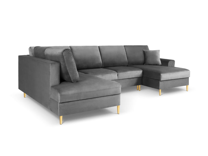 Cosmopolitan Design - Divano panoramico convertibile sinistro con contenitore "Kyoto" 7 posti in velluto grigio chiaro 