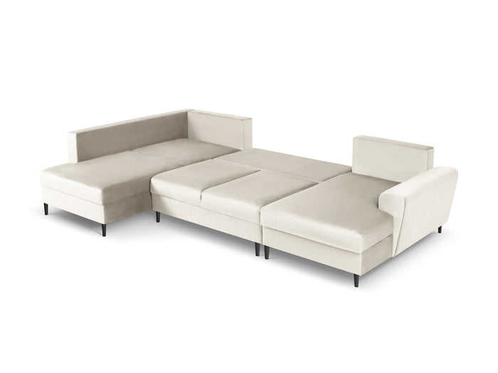 Cosmopolitan Design - Divano panoramico convertibile sinistro con contenitore "Kyoto" 7 posti in velluto beige chiaro 