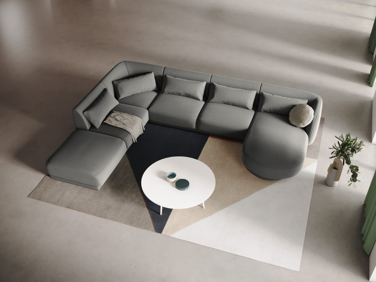 Cosmopolitan Design - Divano panoramico sinistro "Tulum" 6 posti in velluto grigio chiaro 