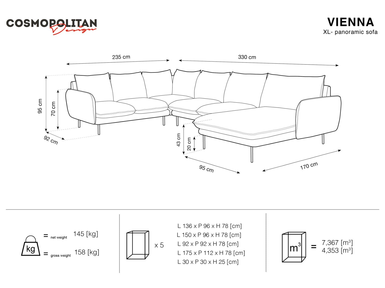 Cosmopolitan Design - Divano panoramico sinistro "Vienna" 7 posti in tessuto strutturato beige chiaro 