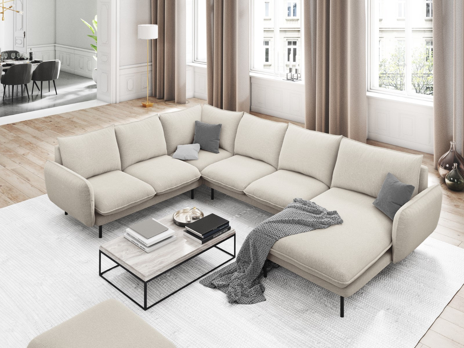 Cosmopolitan Design - Divano panoramico sinistro "Vienna" 7 posti in tessuto strutturato beige chiaro 