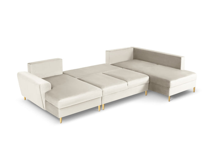 Cosmopolitan Design - Divano panoramico convertibile destro con contenitore "Kyoto" 7 posti in velluto beige chiaro 
