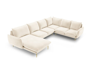 Cosmopolitan Design - Divano panoramico destro "Vienna" 7 posti in velluto beige chiaro 