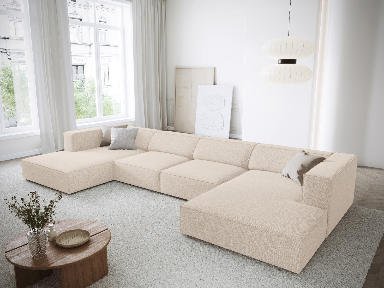 Cosmopolitan Design - Divano panoramico "Arendal" 6 posti in ciniglia beige chiaro 
