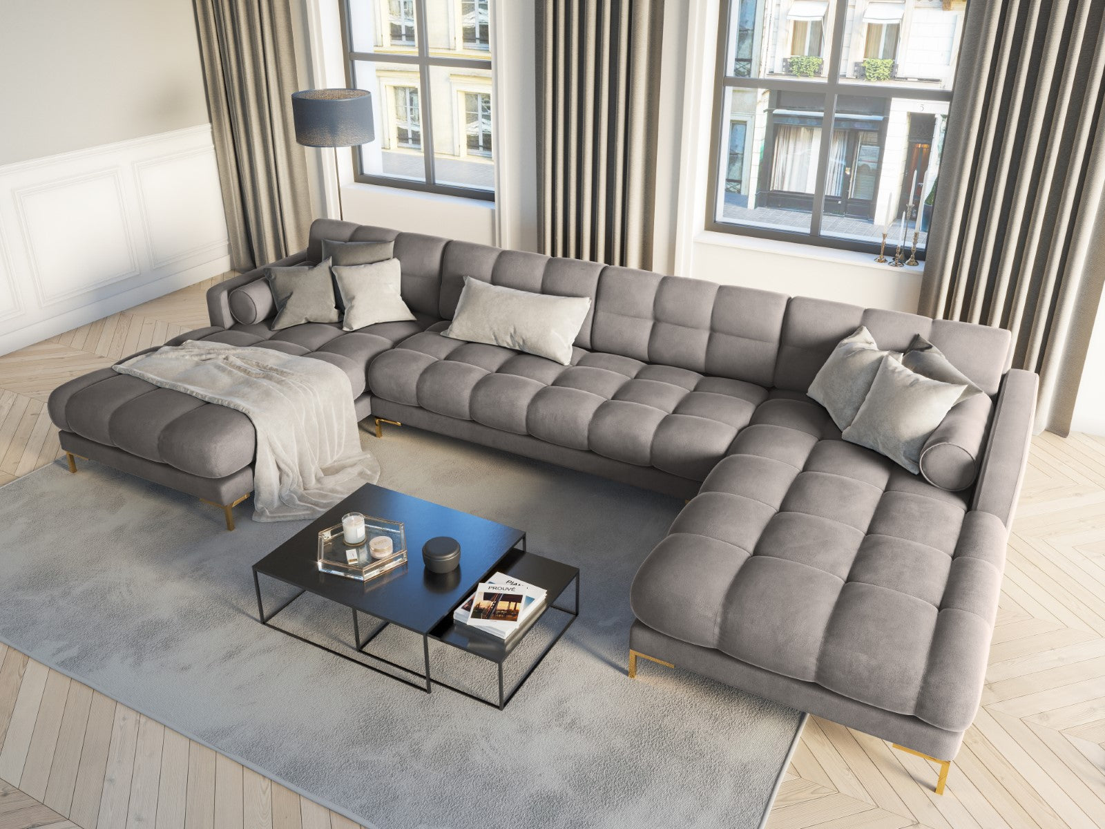 Cosmopolitan Design - Divano panoramico "Bali" 7 posti in velluto grigio chiaro 