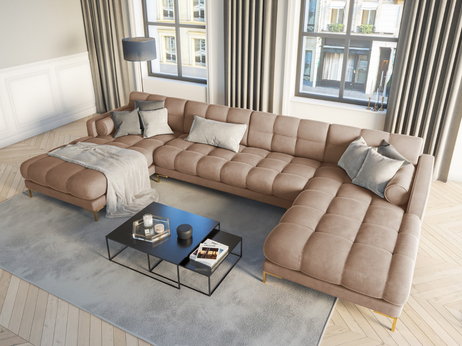 Cosmopolitan Design - Divano panoramico "Bali" 7 posti in velluto beige 